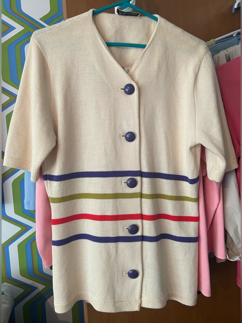 White St John by Marie Gray Top or Jacket 10 Purple Buttons Red & Purple Stripes